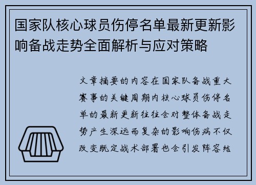 国家队核心球员伤停名单最新更新影响备战走势全面解析与应对策略